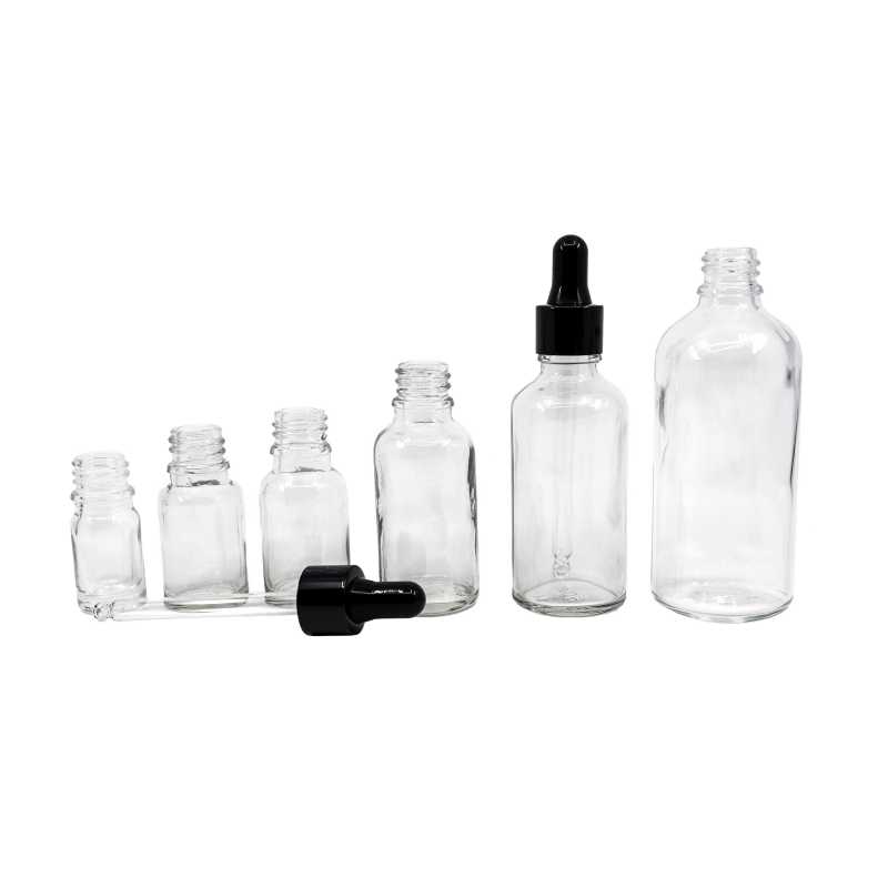 Skleněná lahvička, průhledná, černé lesklé kapátko, 15 ml