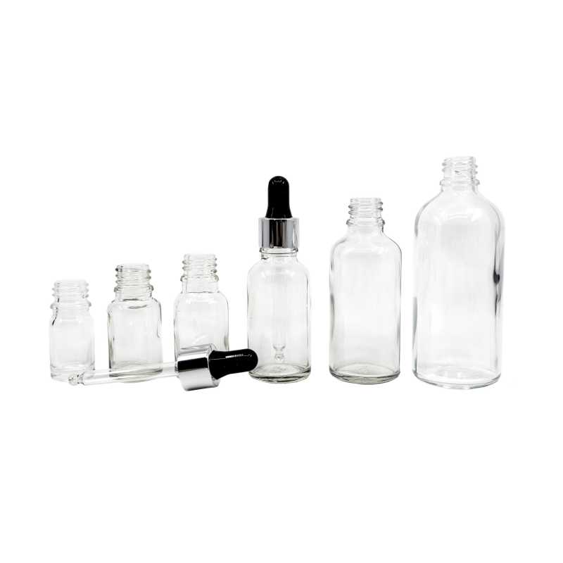 Skleněná lahvička, průhledná, černostříbrné kapátko, 10 ml