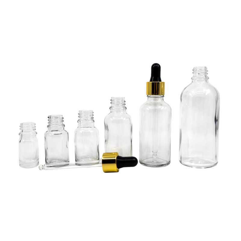 Skleněná lahvička, průhledná, černo-zlaté kapátko, 30 ml