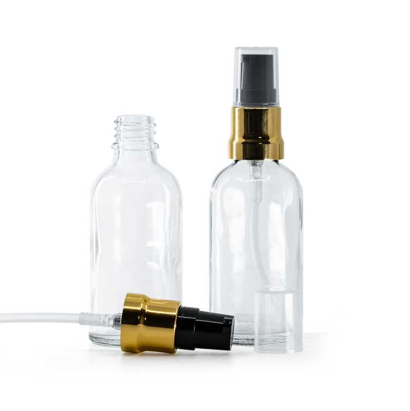 Skleněná láhev, průhledná, černo-zlatý dávkovač, průhledný vrch, 50 ml