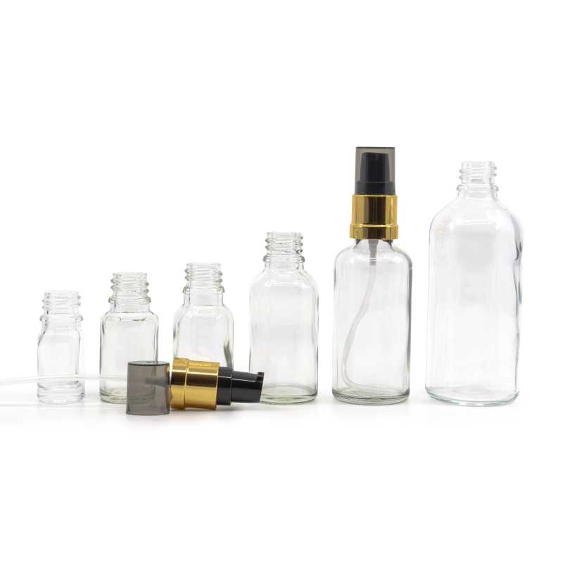 Skleněná láhev, průhledná, černo-zlatý lesklý dávkovač, 100 ml