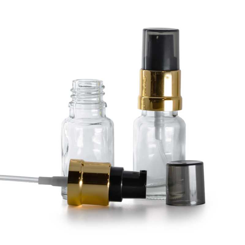 Skleněná lahvička, průhledná, černo-zlatá lesklá pumpička s dýmovým krytem, 10 ml