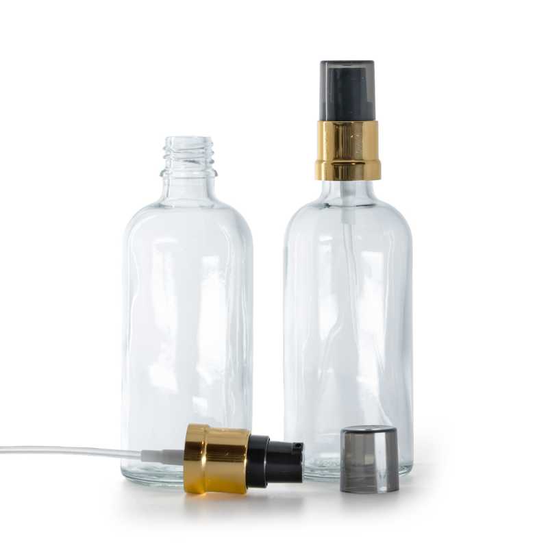 Skleněná lahvička, průhledná, černo-zlatá lesklá pumpička s dýmovým krytem, 100 ml