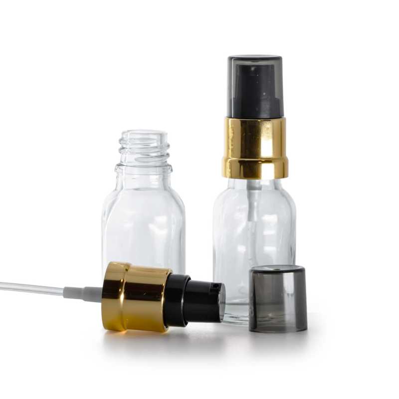 Skleněná lahvička, průhledná, černo-zlatý lesklý dávkovač s dýmovým krytem, 15 ml
