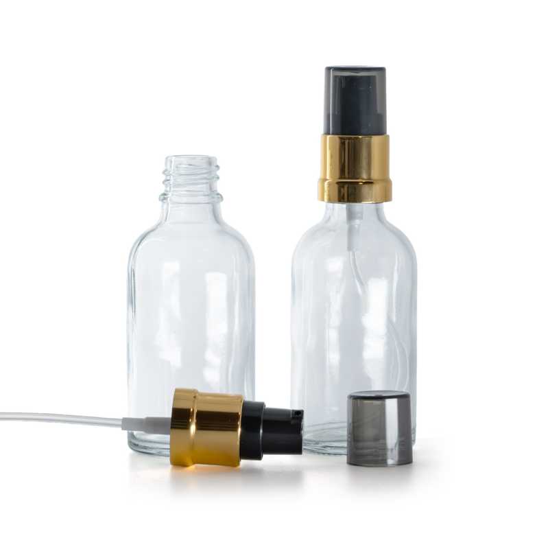 Skleněná lahvička, průhledná, černo-zlatá lesklá pumpička s dýmovým krytem, 30 ml