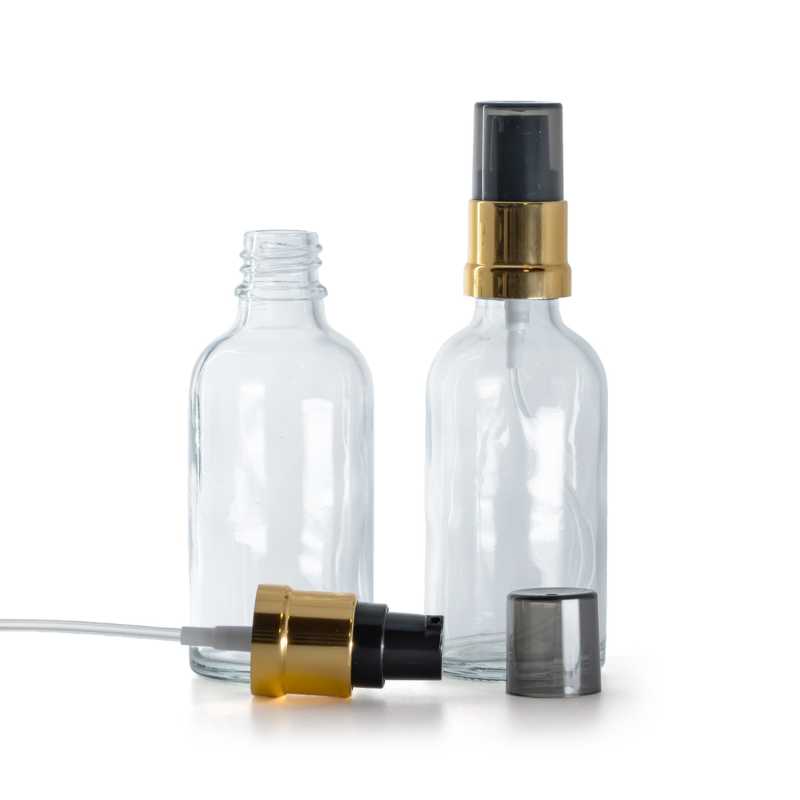 Skleněná lahvička, průhledná, černo-zlatá lesklá pumpička s dýmovým krytem, 50 ml