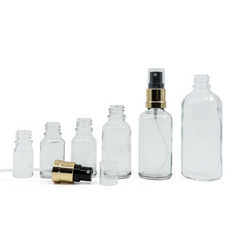 Skleněná lahvička, průhledná, černo-zlatý rozprašovač, 10 ml