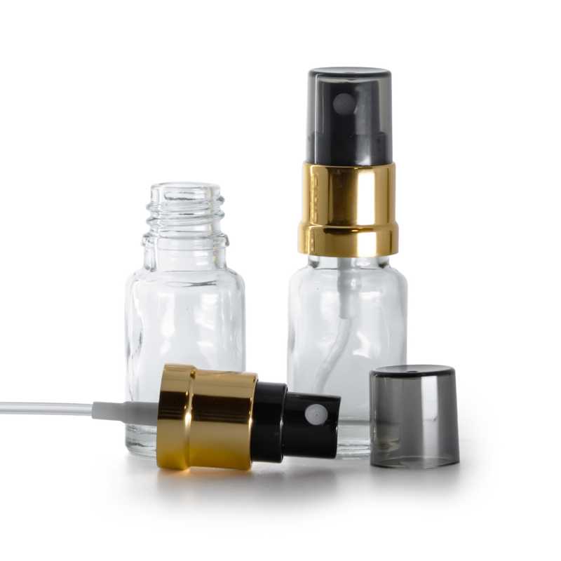 Skleněná lahvička, průhledná, černo-zlatý rozprašovač, dýmový kryt, 10 ml