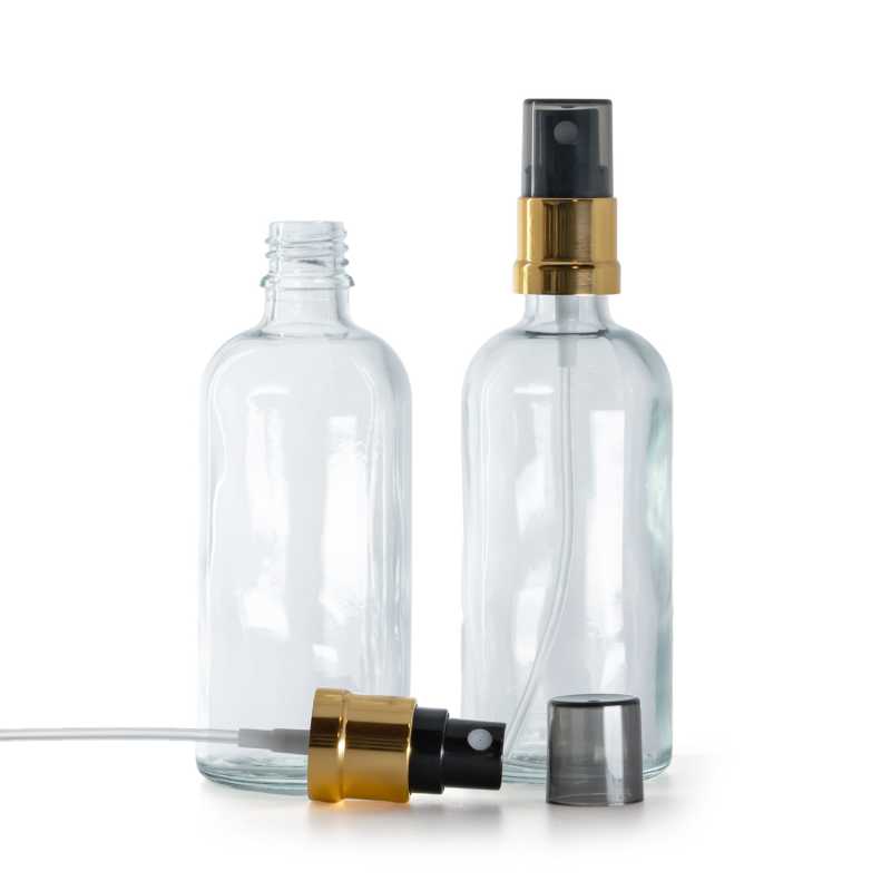 Skleněná lahvička, průhledná, černo-zlatý rozprašovač, dýmový kryt, 100 ml