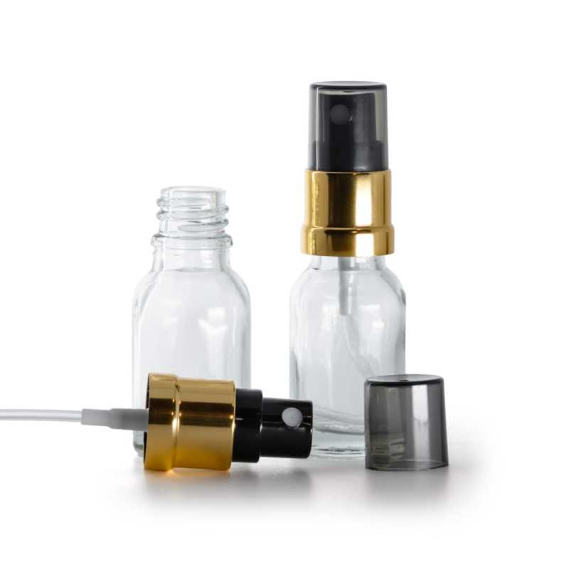 Skleněná lahvička, průhledná, rozprašovač černý/zlatý lesk, kouřový vršek, 15 ml