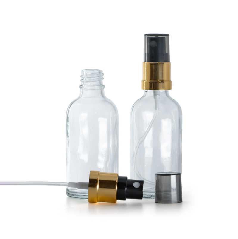 Skleněná průhledná lahvička, černo-zlatý rozprašovač s kouřovým vrškem, 30 ml