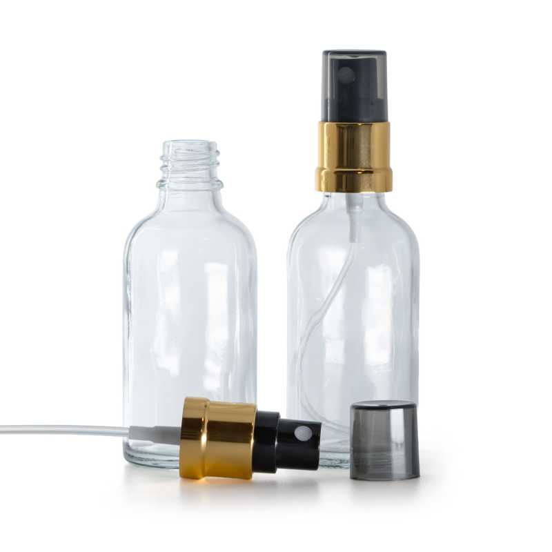 Skleněná lahvička, průhledná, černo-zlatý rozprašovač, dýmový kryt, 50 ml