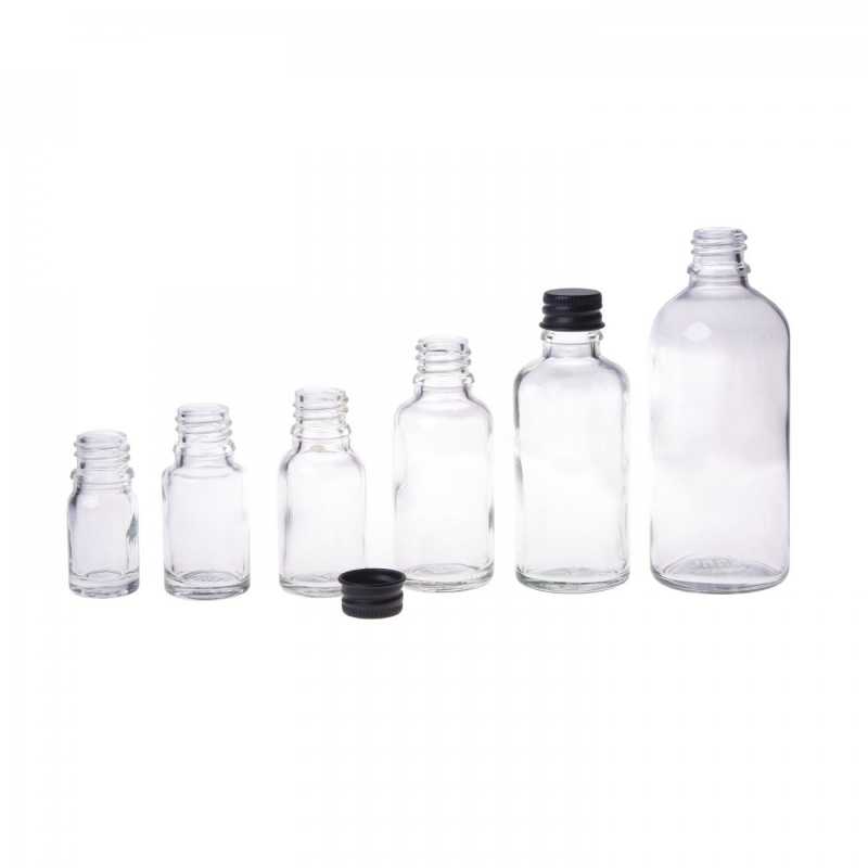 Skleněná láhev, průhledná, černé hliníkové víčko, 100 ml
