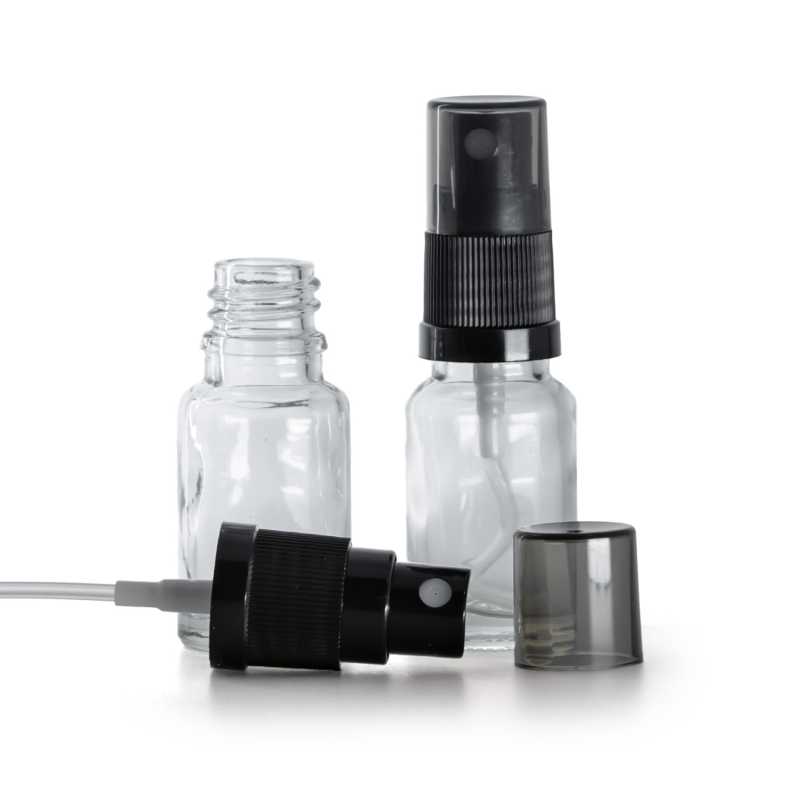 Skleněná lahvička, průhledná, černý rozprašovač, dýmový kryt, 10 ml