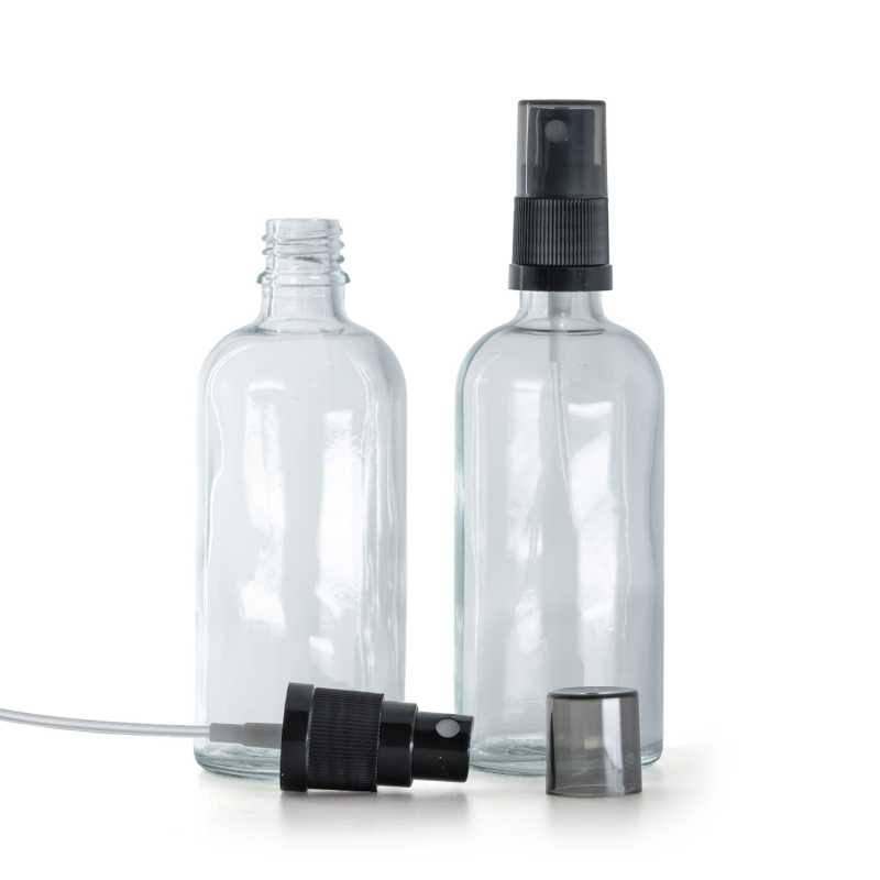 Skleněná lahvička, průhledná, černý rozprašovač, dýmový kryt, 100 ml