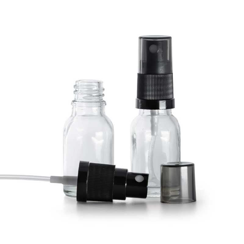 Skleněná lahvička, průhledná, černý rozprašovač, dýmový kryt, 15 ml