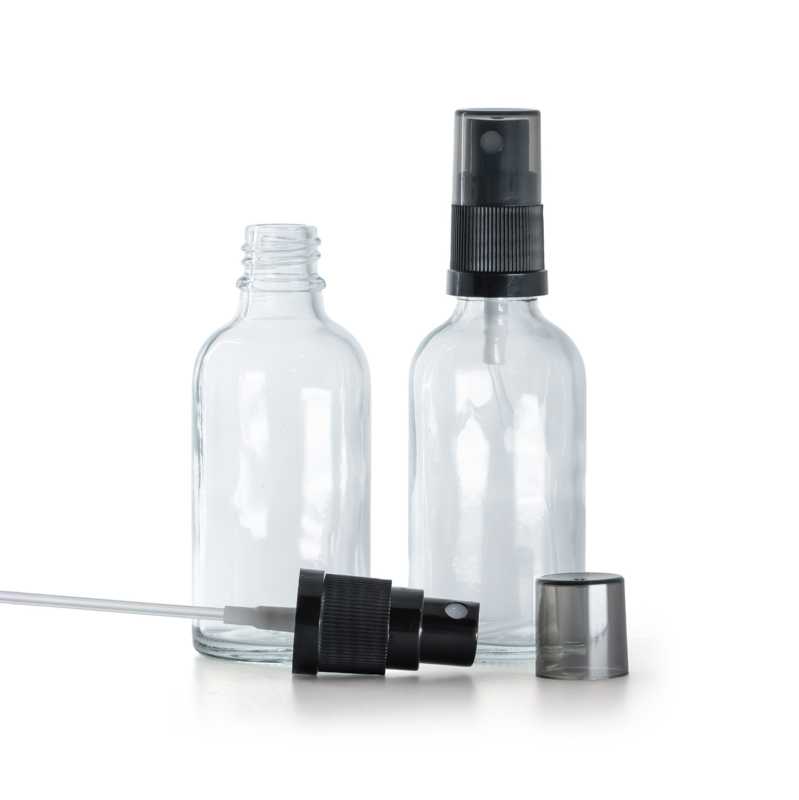Skleněná lahvička, průhledná, černý rozprašovač, dýmový kryt, 30 ml