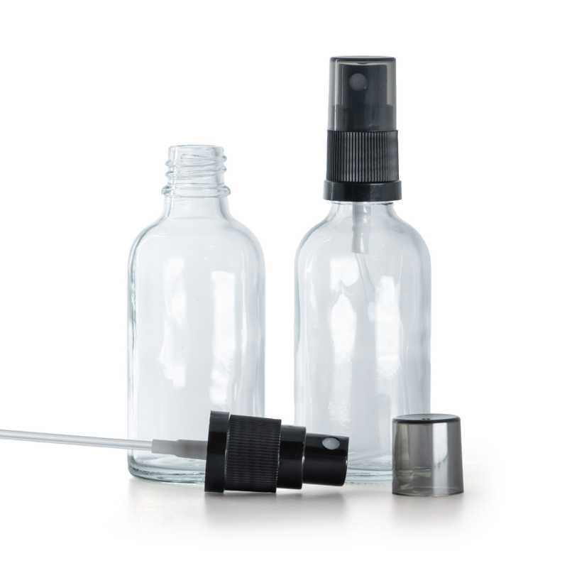 Skleněná lahvička, průhledná, černý rozprašovač, dýmový kryt, 50 ml