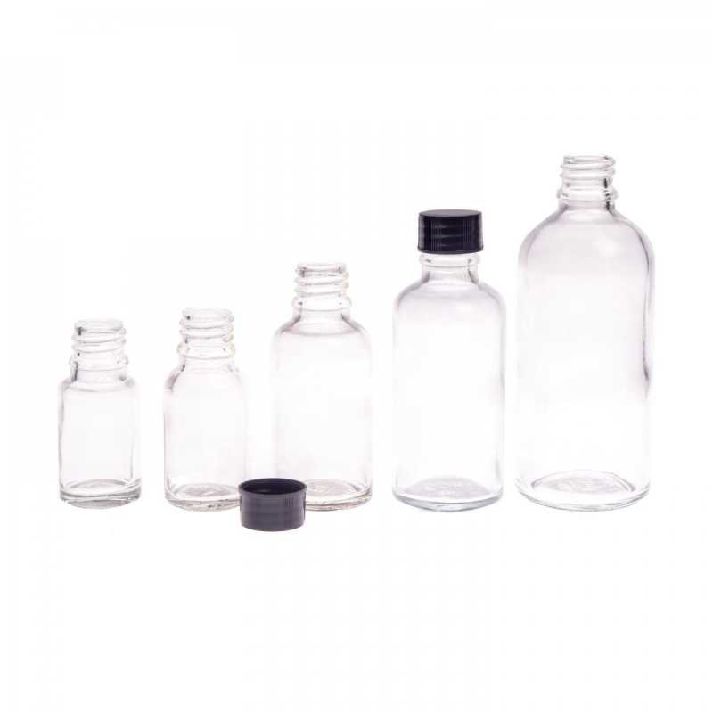 Skleněná láhev, průhledná, černý vršek, 100 ml