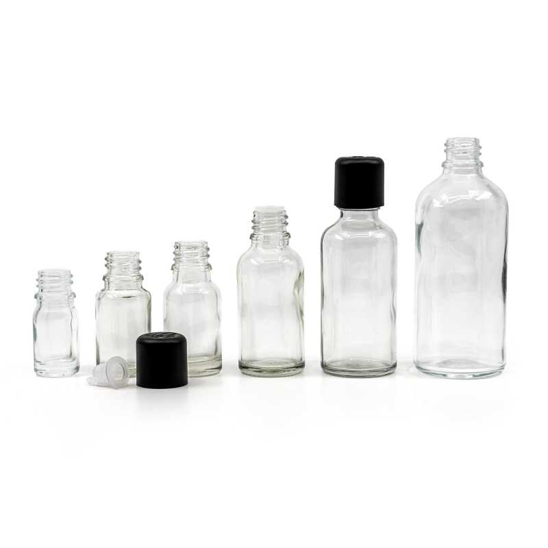 Skleněná láhev, průhledná, černé víčko s bezpečnostní pojistkou, 30 ml