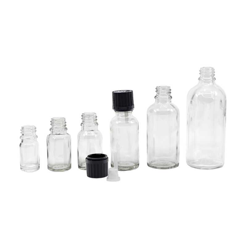Skleněná láhev, průhledná, černé vroubkované víčko s bezpečnostním zámkem, 30 ml
