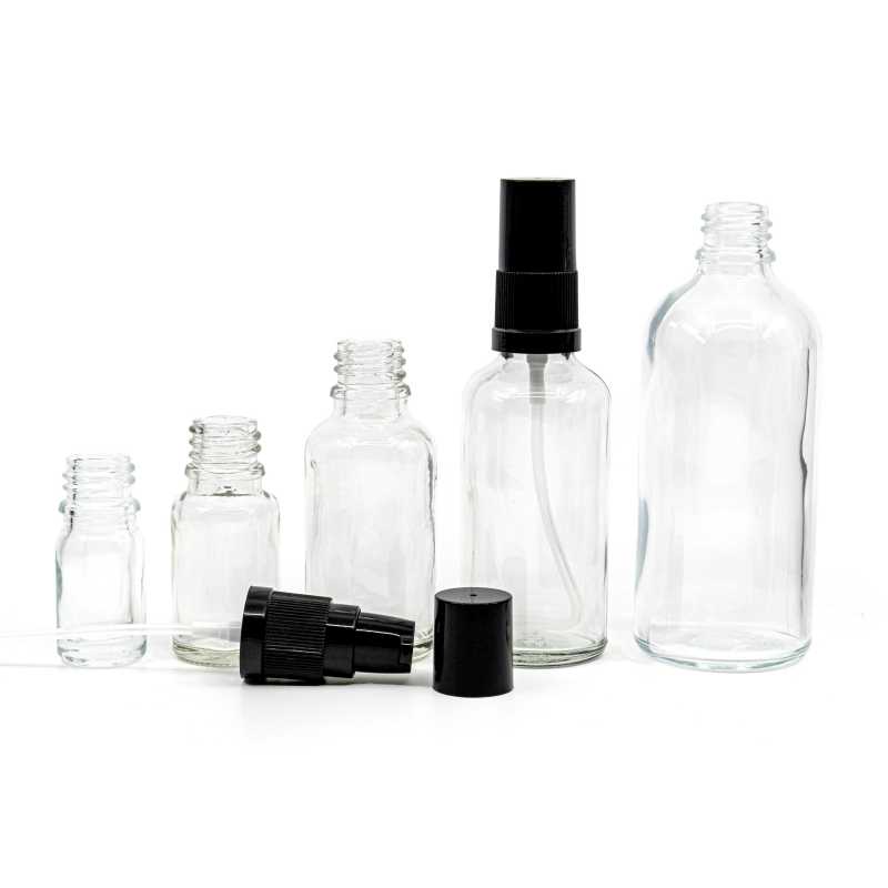 Skleněná lahvička, průhledná, dávkovač krému s černým víčkem, 50 ml
