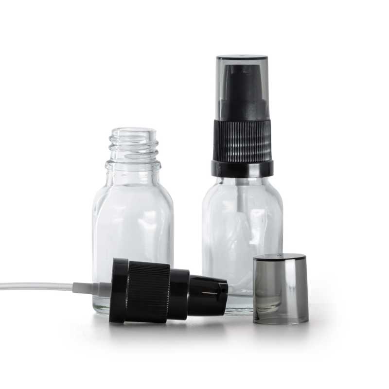 Skleněná lahvička, průhledná, dávkovač krémů s dýmovým krytem, 15 ml