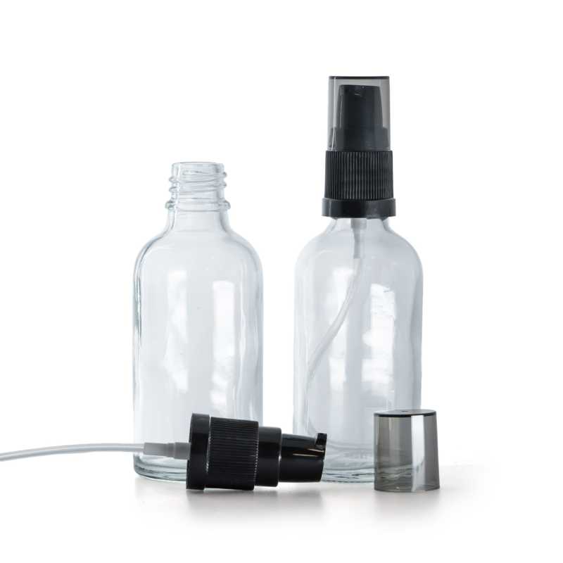 Skleněná lahvička, průhledná, dávkovač krémů s dýmovým krytem, 50 ml