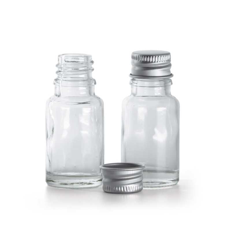 Skleněná lahvička, průhledná, hliníkové víčko stříbrné, 10 ml