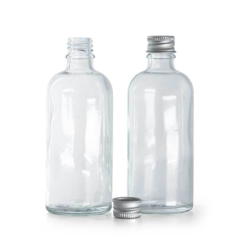 Skleněná lahvička, transparentní, hliníkové víčko, 100 ml