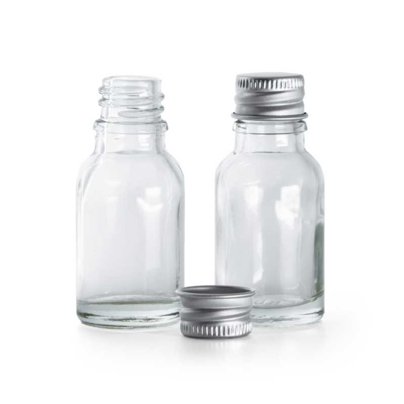 Skleněná lahvička, průhledná, hliníkové víčko, 15 ml