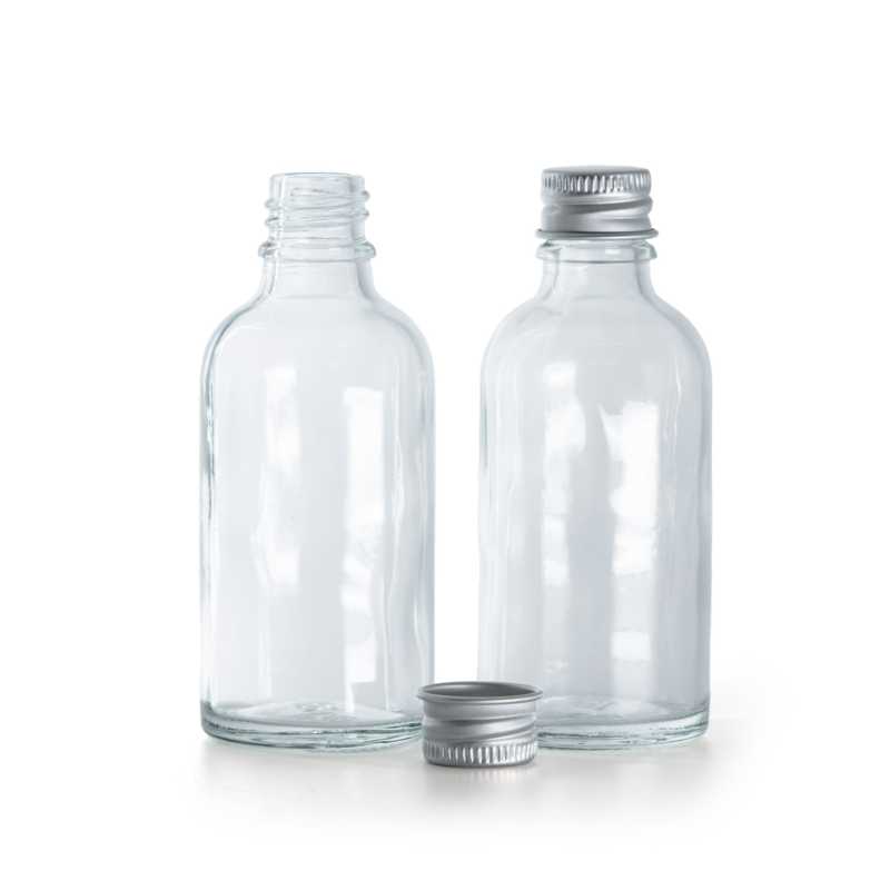 Skleněná lahvička, průhledná, hliníkové víčko, 30 ml