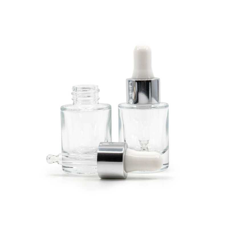 Skleněná lahvička, průhledná, silné dno, bílo-stříbrné kapátko, 10 ml