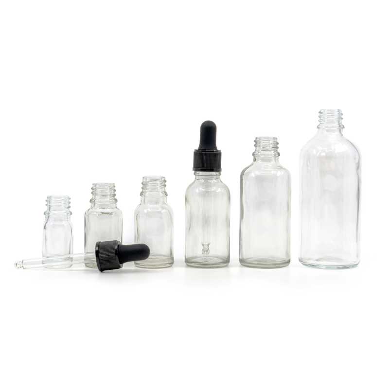 Skleněná láhev, průhledná, černé matné kapátko, 50 ml