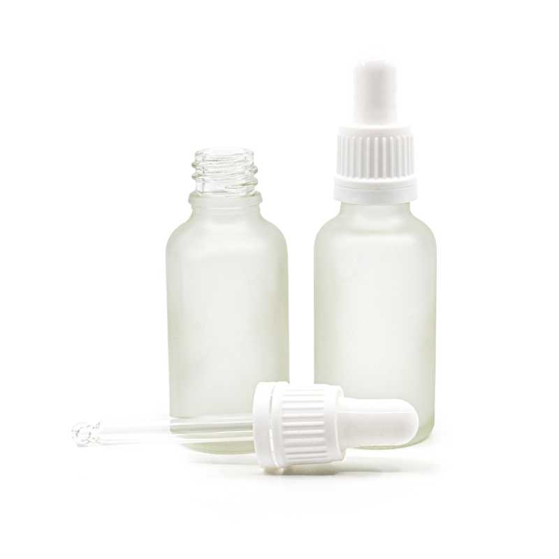 Skleněná lahvička, průhledná mléčná, bílé kapátko, 30 ml