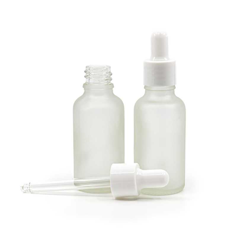 Skleněná lahvička, průhledná mléčná, bílé lesklé kapátko, 30 ml