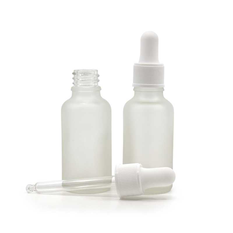 Skleněná lahvička, průhledná mléčná, bílé matné kapátko, 30 ml