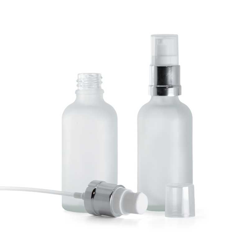 Skleněná láhev, průhledná mléčná, bílo-stříbrný lesklý dávkovač,  50 ml