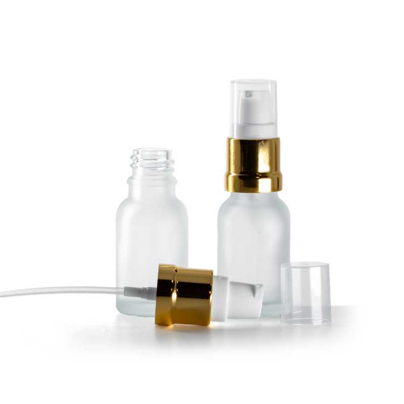Průhledná matná skleněná lahvička, lesklý bílo-zlatý dávkovač, 15 ml