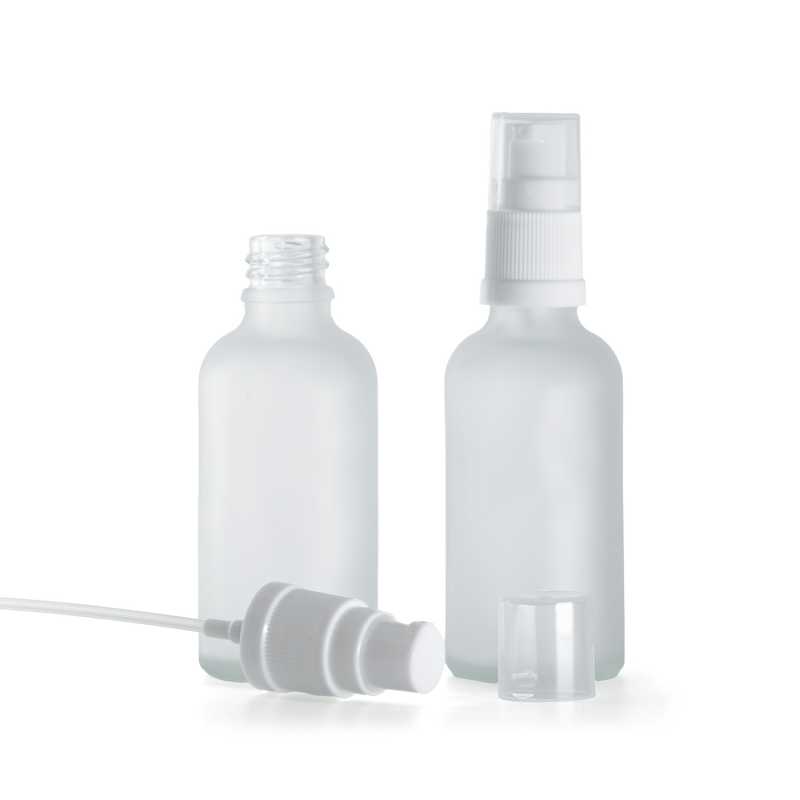Skleněná láhev, průhledná mléčná, bílý dávkovač, 50 ml