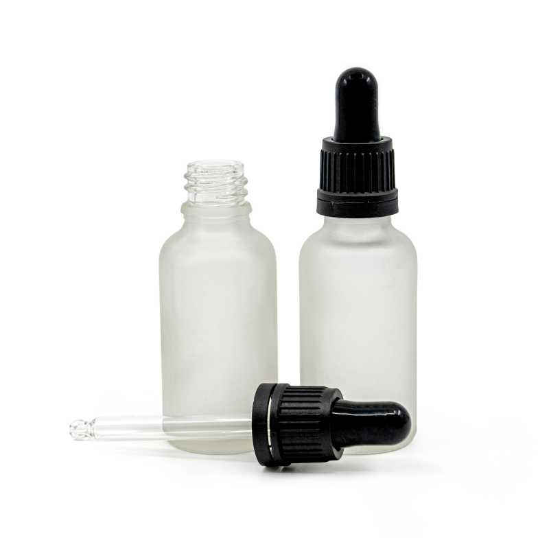 Skleněná lahvička, průhledná mléčná, černé kapátko, 30 ml