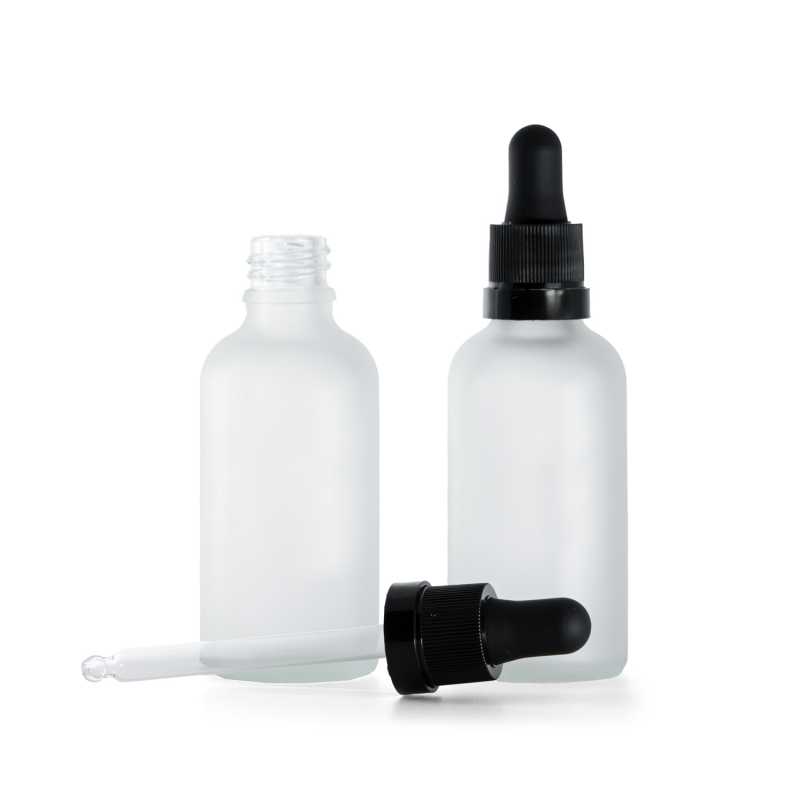 Skleněná láhev, průhledná mléčná, černé kapátko s lesklým proužkem, 50 ml