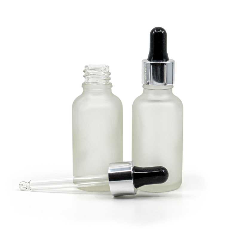 Skleněná lahvička, průhledná mléčná, černostříbrné kapátko, 30 ml