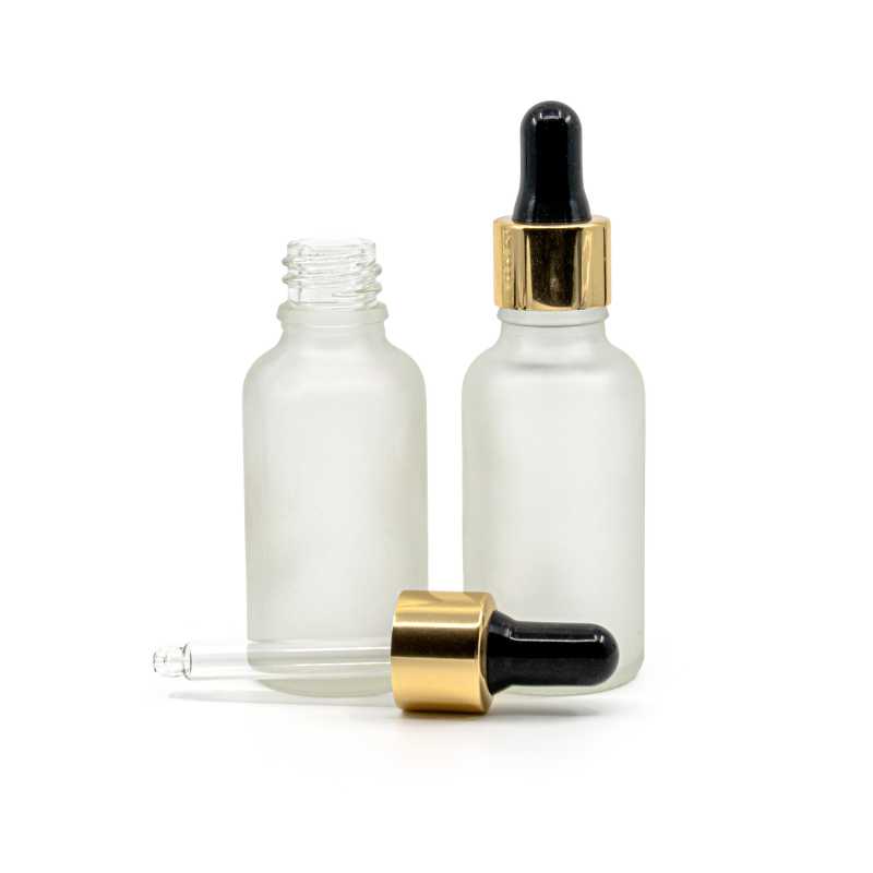 Skleněná lahvička, průhledná mléčná, černo-zlaté kapátko, 30 ml