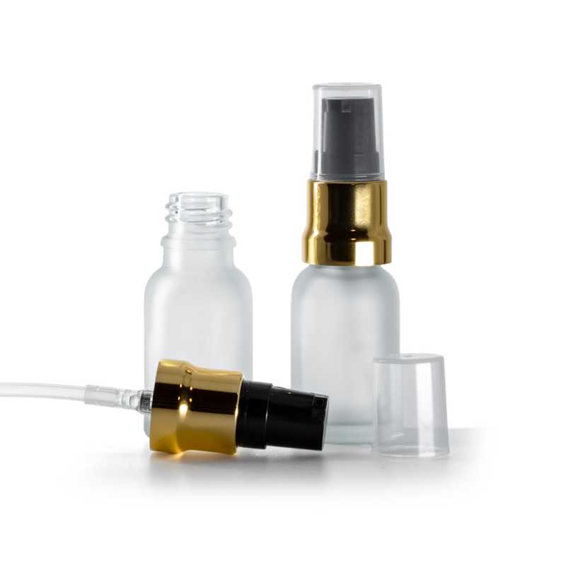 Skleněná láhev, průhledná mléčná, černo-zlatý dávkovač, průhledný vrch, 15 ml