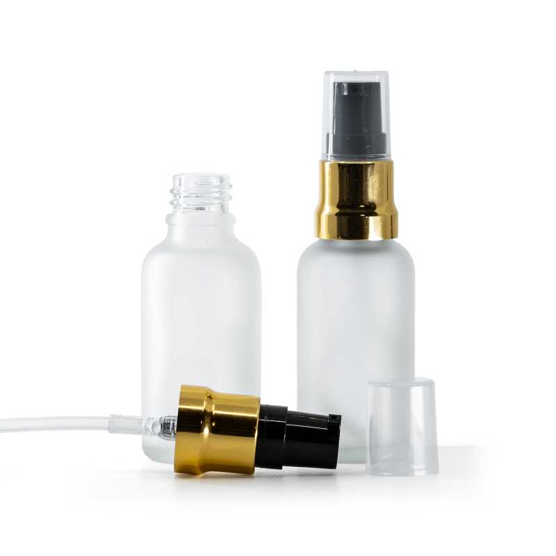 Skleněná lahvička, průhledná mléčná, černo-zlatý dávkovač, průhledný vrch, 30 ml