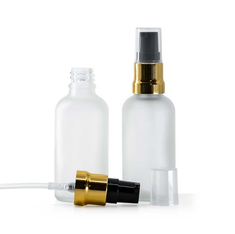 Skleněná lahvička, průhledná mléčná, černo-zlatý dávkovač, průhledný vrch, 50 ml