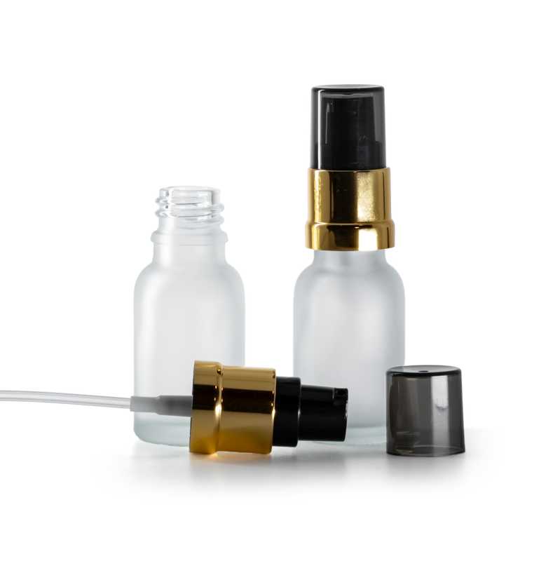 Skleněná lahvička, průhledná matná, černo-zlatá lesklá pumpička s dýmovým krytem, 15 ml