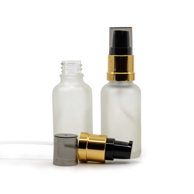 Skleněná lahvička, průhledná matná, černo-zlatý lesklý dávkovač s dýmovým krytem, 30 ml