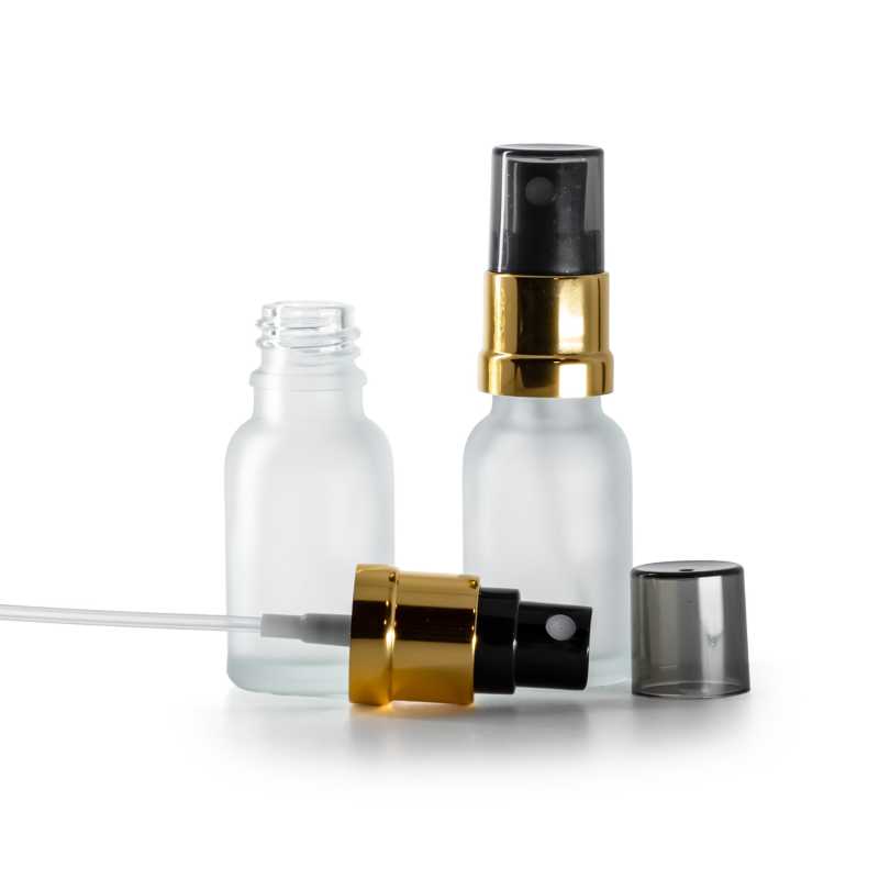 Matná čirá skleněná lahvička, černo-zlatý rozprašovač s kouřovým vrškem, 15 ml